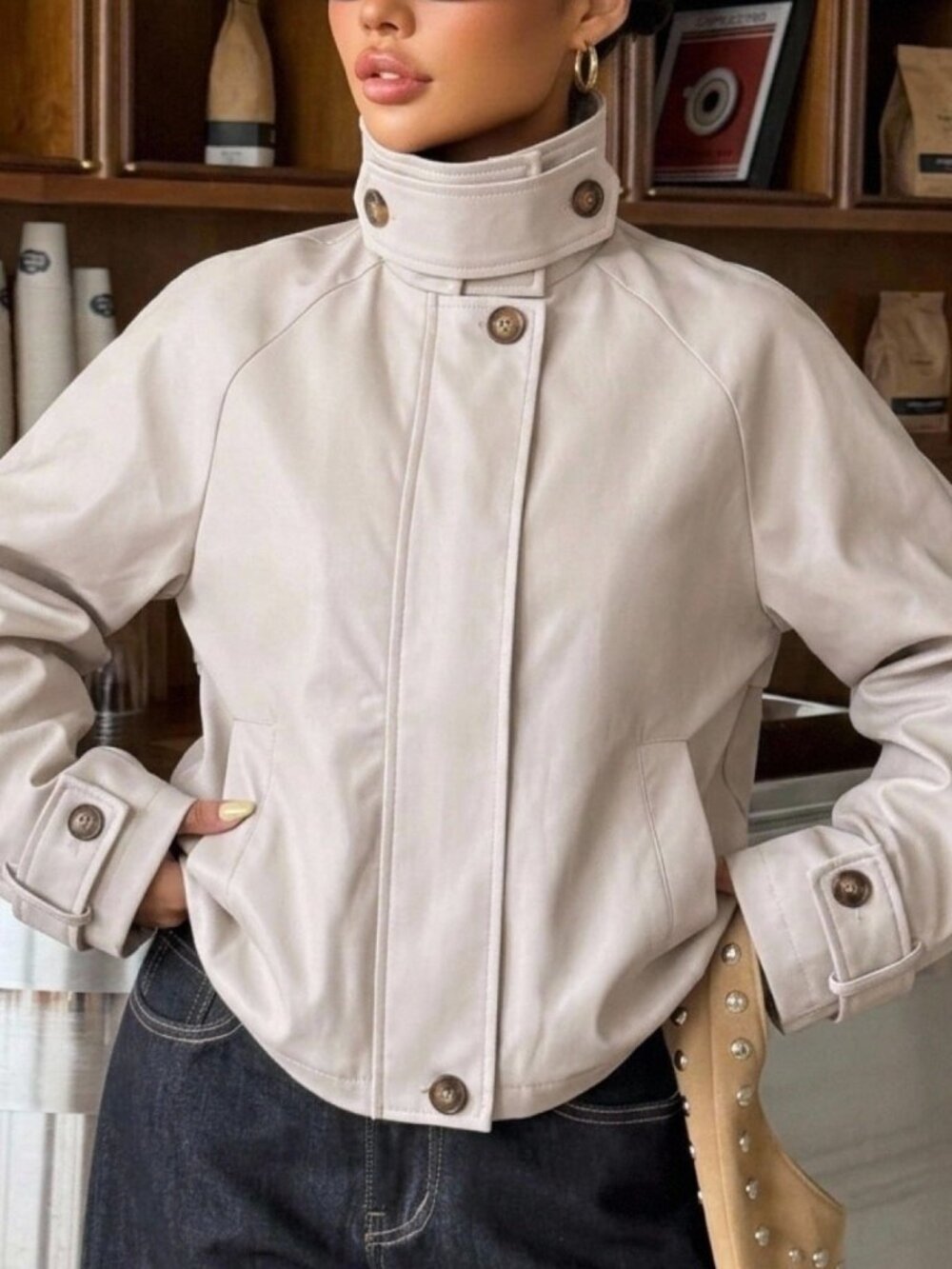 Khaki Casual Women's Long Sleeve Jacket Stand Up Collar Trench Coat